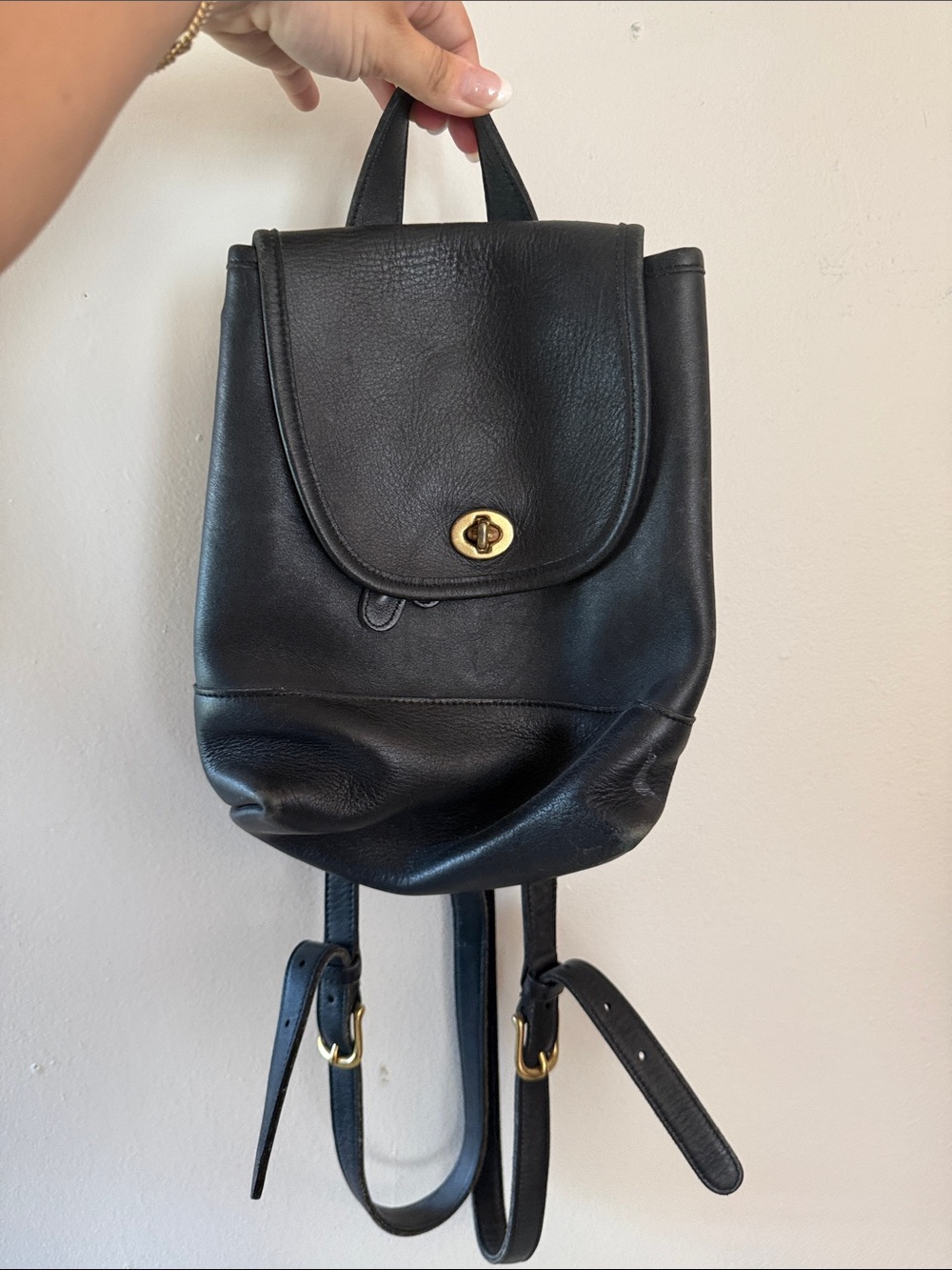 Coach Black Leather Mini Backpack with Gold Turn-Lock